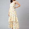 Trymisfit Pink Leaf Print Cut-Out Maxi Dress – Tiered Skirt, Adjustable Straps, Front Knot Detail