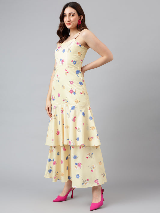 Trymisfit Pink Leaf Print Cut-Out Maxi Dress – Tiered Skirt, Adjustable Straps, Front Knot Detail