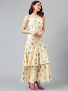 Trymisfit Pink Leaf Print Cut-Out Maxi Dress – Tiered Skirt, Adjustable Straps, Front Knot Detail