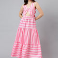 Trymisfit Pink & White Striped Cut-Out Maxi Dress – Front Knot & Back Bow, Tiered Flared Skirt