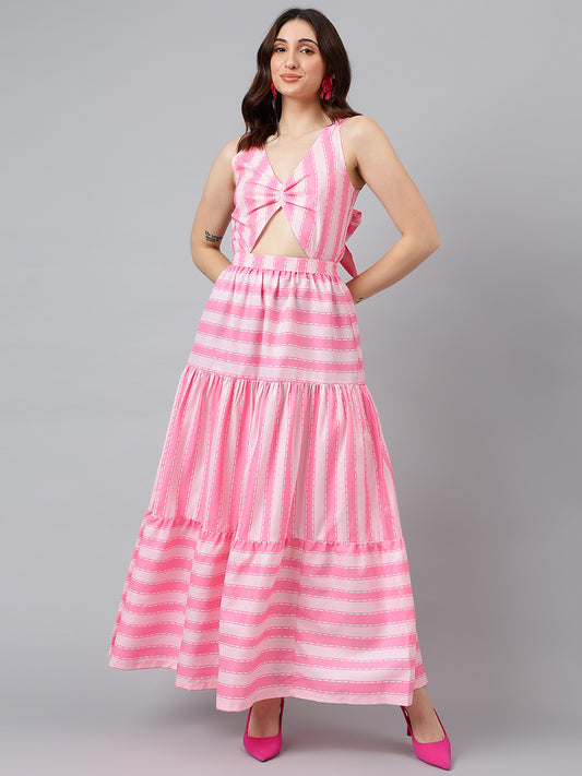 Trymisfit Pink & White Striped Cut-Out Maxi Dress – Front Knot & Back Bow, Tiered Flared Skirt