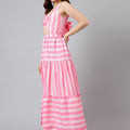 Trymisfit Pink & White Striped Cut-Out Maxi Dress – Front Knot & Back Bow, Tiered Flared Skirt
