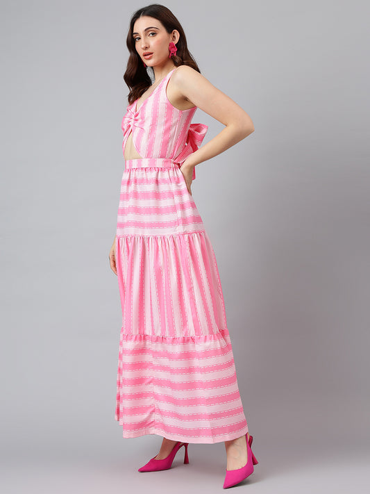 Trymisfit Pink & White Striped Cut-Out Maxi Dress – Front Knot & Back Bow, Tiered Flared Skirt