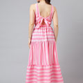 Trymisfit Pink & White Striped Cut-Out Maxi Dress – Front Knot & Back Bow, Tiered Flared Skirt