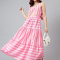 Trymisfit Pink & White Striped Cut-Out Maxi Dress – Front Knot & Back Bow, Tiered Flared Skirt