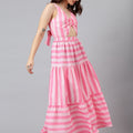 Trymisfit Pink & White Striped Cut-Out Maxi Dress – Front Knot & Back Bow, Tiered Flared Skirt