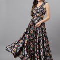 Trymisfit Black Floral Satin Maxi Dress – Ruffle Shoulder Straps, Cut-Out Sides, Open Back