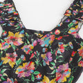 Trymisfit Black Floral Satin Maxi Dress – Ruffle Shoulder Straps, Cut-Out Sides, Open Back