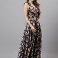 Trymisfit Black Floral Satin Maxi Dress – Ruffle Shoulder Straps, Cut-Out Sides, Open Back