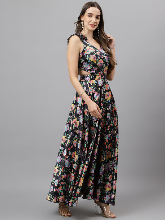 Trymisfit Black Floral Satin Maxi Dress – Ruffle Shoulder Straps, Cut-Out Sides, Open Back