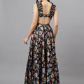 Trymisfit Black Floral Satin Maxi Dress – Ruffle Shoulder Straps, Cut-Out Sides, Open Back