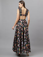 Trymisfit Black Floral Satin Maxi Dress – Ruffle Shoulder Straps, Cut-Out Sides, Open Back