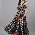Trymisfit Black Floral Satin Maxi Dress – Ruffle Shoulder Straps, Cut-Out Sides, Open Back