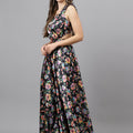 Trymisfit Black Floral Satin Maxi Dress – Ruffle Shoulder Straps, Cut-Out Sides, Open Back