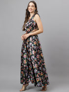 Trymisfit Black Floral Satin Maxi Dress – Ruffle Shoulder Straps, Cut-Out Sides, Open Back