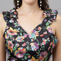 Trymisfit Black Floral Satin Maxi Dress – Ruffle Shoulder Straps, Cut-Out Sides, Open Back
