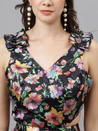 Trymisfit Black Floral Satin Maxi Dress – Ruffle Shoulder Straps, Cut-Out Sides, Open Back