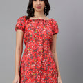 Red Floral A-Line Mini Dress with Puff Sleeves – Summer Casual Boho Style