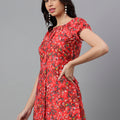 Red Floral A-Line Mini Dress with Puff Sleeves – Summer Casual Boho Style
