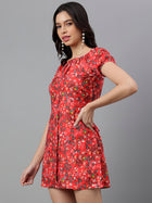 Red Floral A-Line Mini Dress with Puff Sleeves – Summer Casual Boho Style