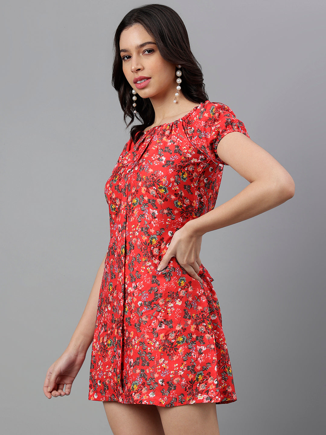 Red Floral A-Line Mini Dress with Puff Sleeves – Summer Casual Boho Style