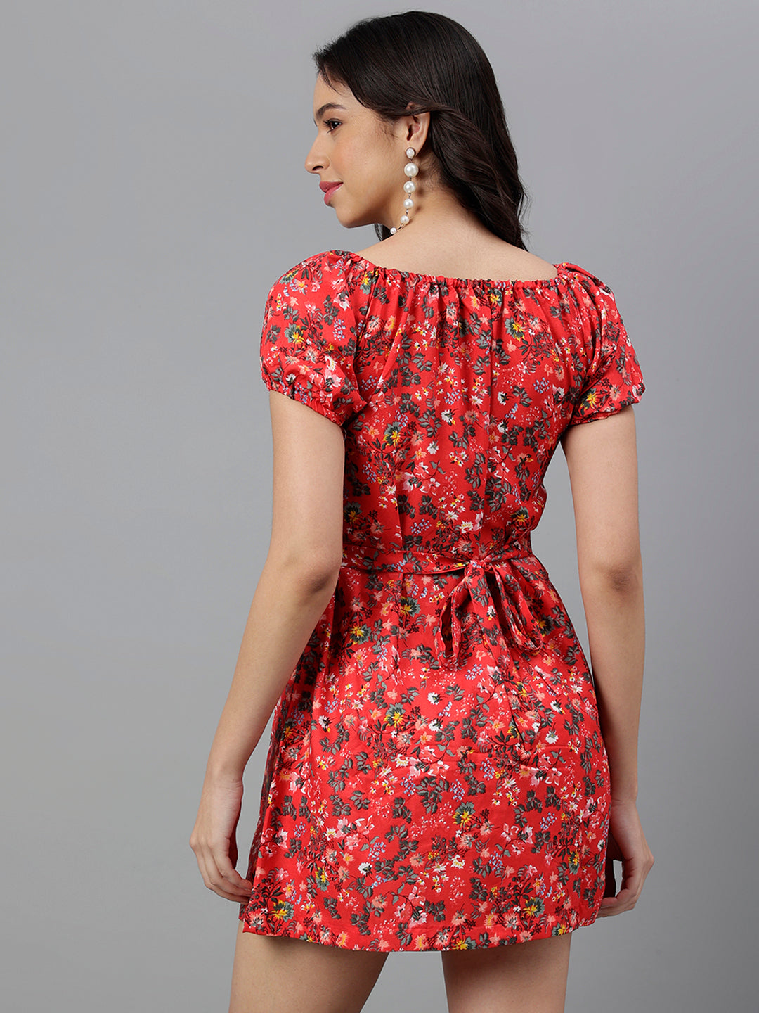 Red Floral A-Line Mini Dress with Puff Sleeves – Summer Casual Boho Style