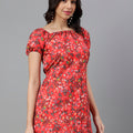 Red Floral A-Line Mini Dress with Puff Sleeves – Summer Casual Boho Style