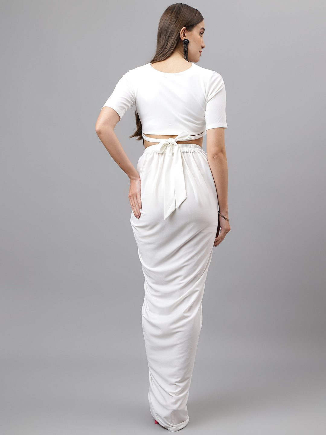 Trymisfit Women's White Cotton Blend Saree Pattern Co-ord Set – Halter Neck Crop Top & Drawstring Skirt | Ethnic Fusion Outfit for Festive & Casual Wear