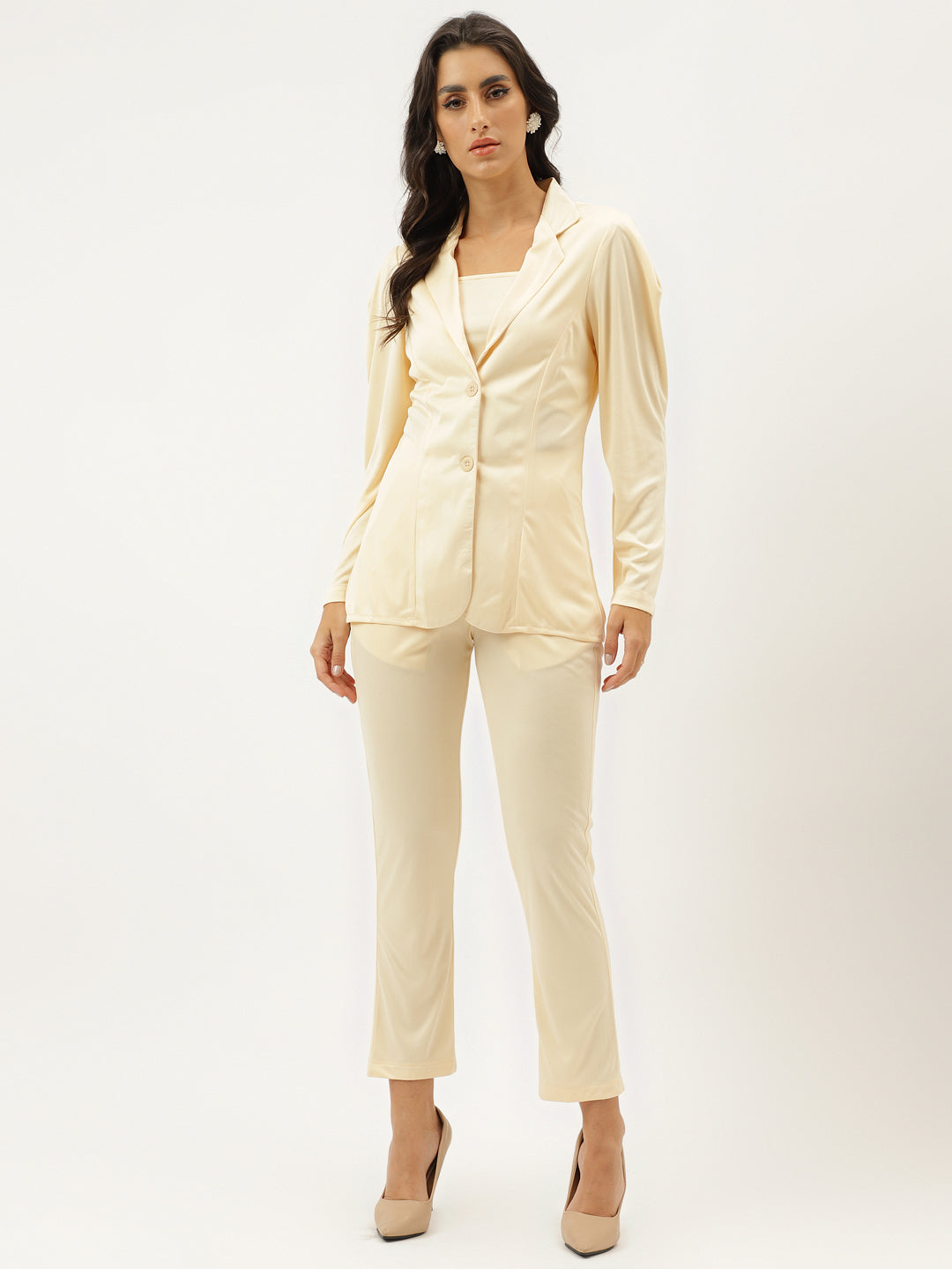 Beige White Cotton Blend Casual Western Wear Co-Ord Set