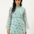 Aqua Blue Printed Cord Set Short Cotton Blended Dress