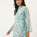 Aqua Blue Printed Cord Set Short Cotton Blended Dress
