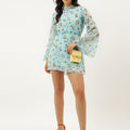 Aqua Blue Printed Cord Set Short Cotton Blended Dress