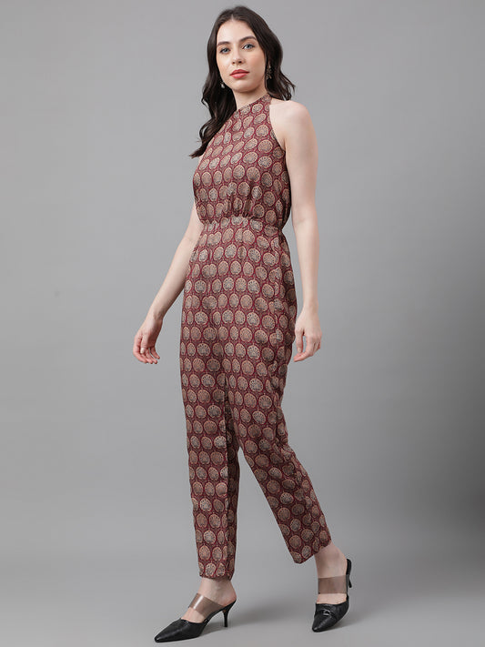 Printed Brown Casual Cotton Jump Suit Western Wear Dress