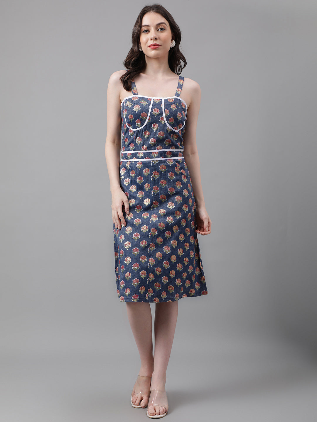 Blue Printed Cotton Bland Dress