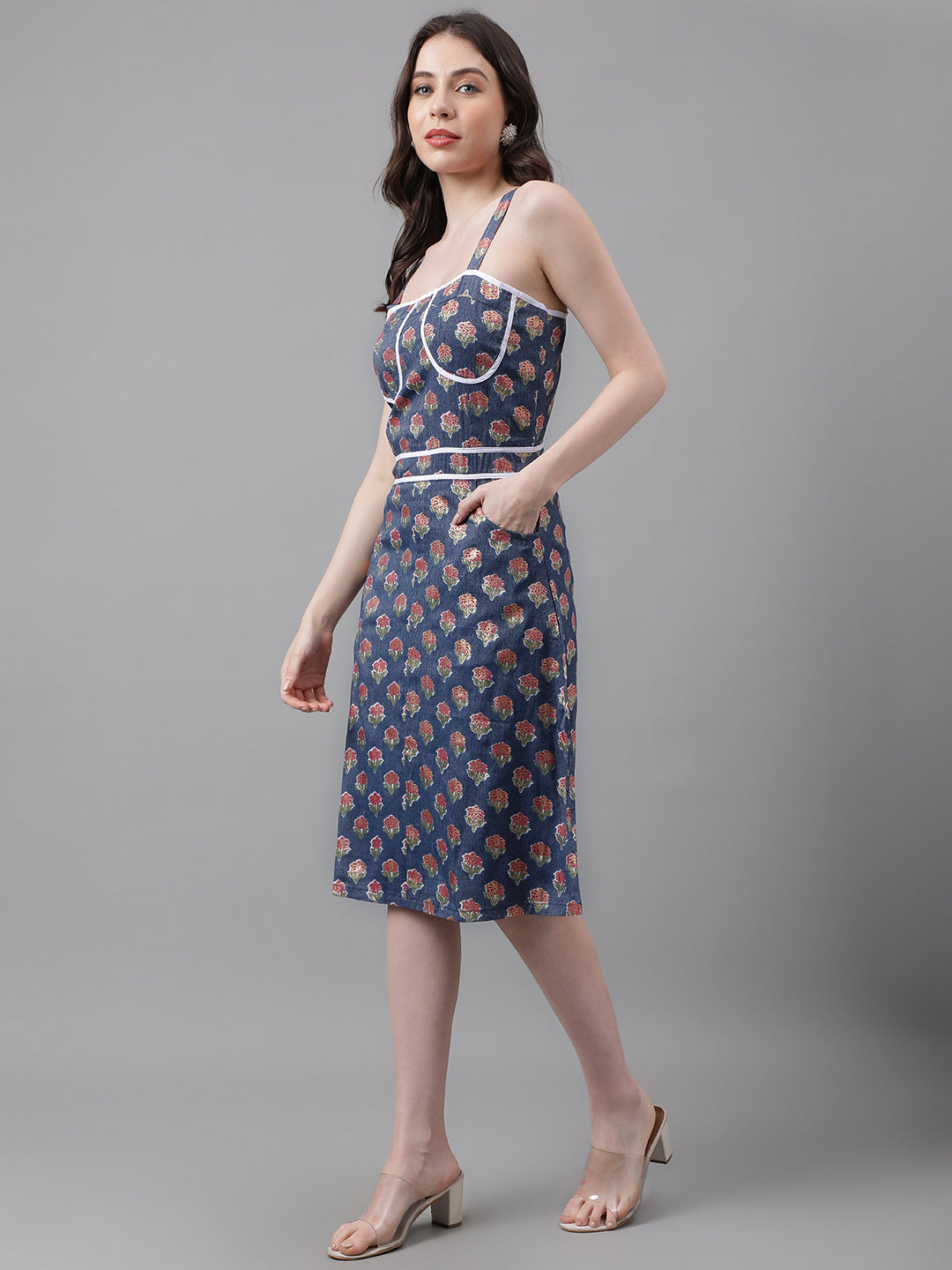 Blue Printed Cotton Bland Dress