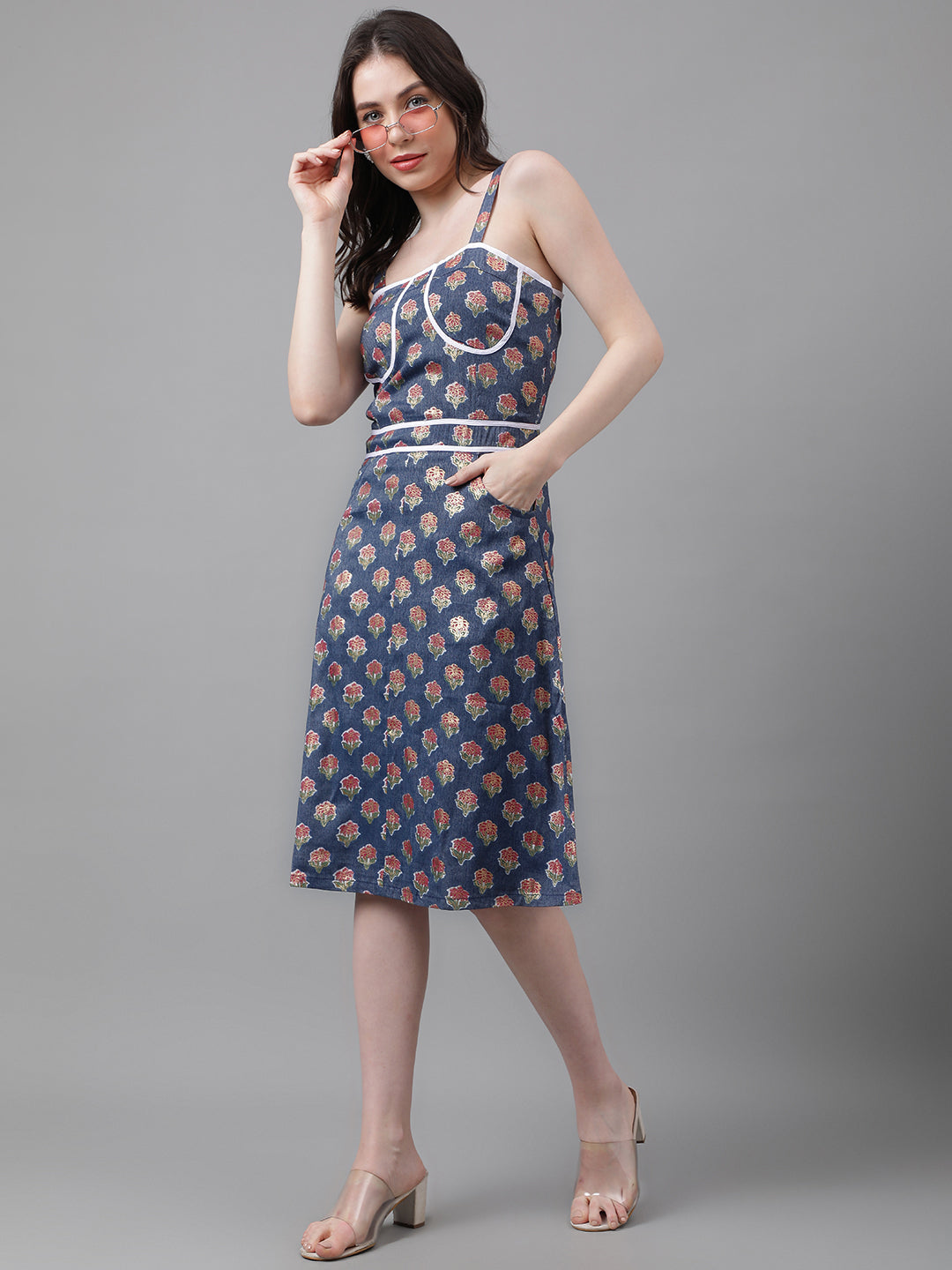 Blue Printed Cotton Bland Dress