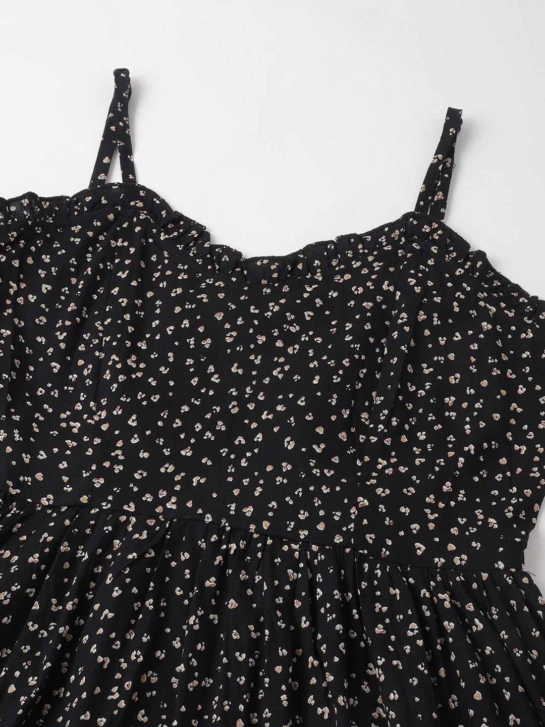 Women’s Black Mini Dress with Beige Abstract Print – Ruffle Neckline, Adjustable Straps, Fit & Flare Style
