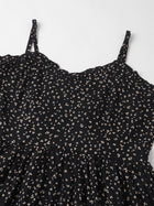 Women’s Black Mini Dress with Beige Abstract Print – Ruffle Neckline, Adjustable Straps, Fit & Flare Style
