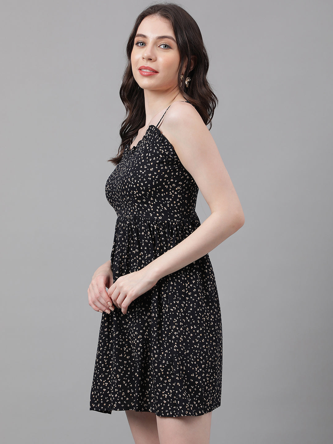 Women’s Black Mini Dress with Beige Abstract Print – Ruffle Neckline, Adjustable Straps, Fit & Flare Style