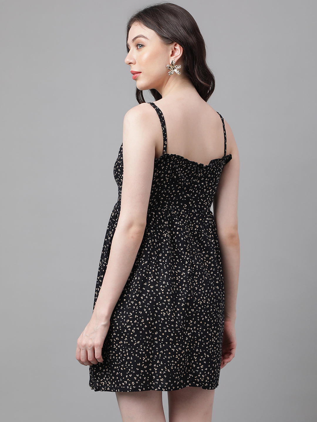Women’s Black Mini Dress with Beige Abstract Print – Ruffle Neckline, Adjustable Straps, Fit & Flare Style