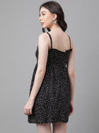 Women’s Black Mini Dress with Beige Abstract Print – Ruffle Neckline, Adjustable Straps, Fit & Flare Style
