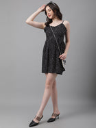 Women’s Black Mini Dress with Beige Abstract Print – Ruffle Neckline, Adjustable Straps, Fit & Flare Style