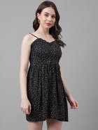 Women’s Black Mini Dress with Beige Abstract Print – Ruffle Neckline, Adjustable Straps, Fit & Flare Style