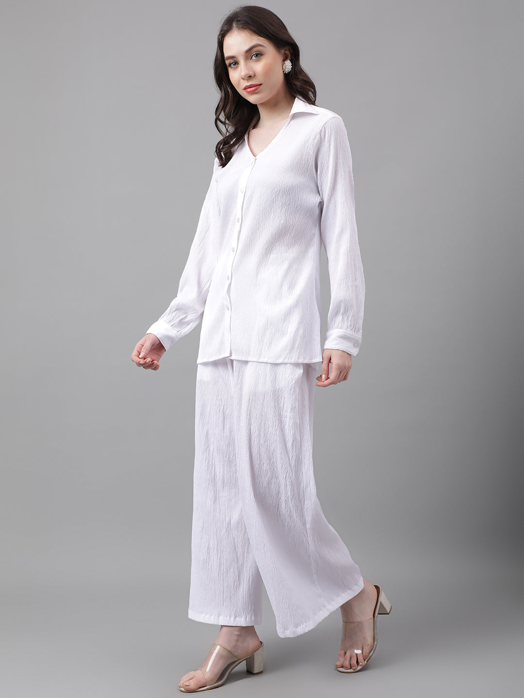 Trymisfit White Co-ord Set for Women – Button-Down Shirt & Wide-Leg Palazzos | Casual Brunch & Summer Wear