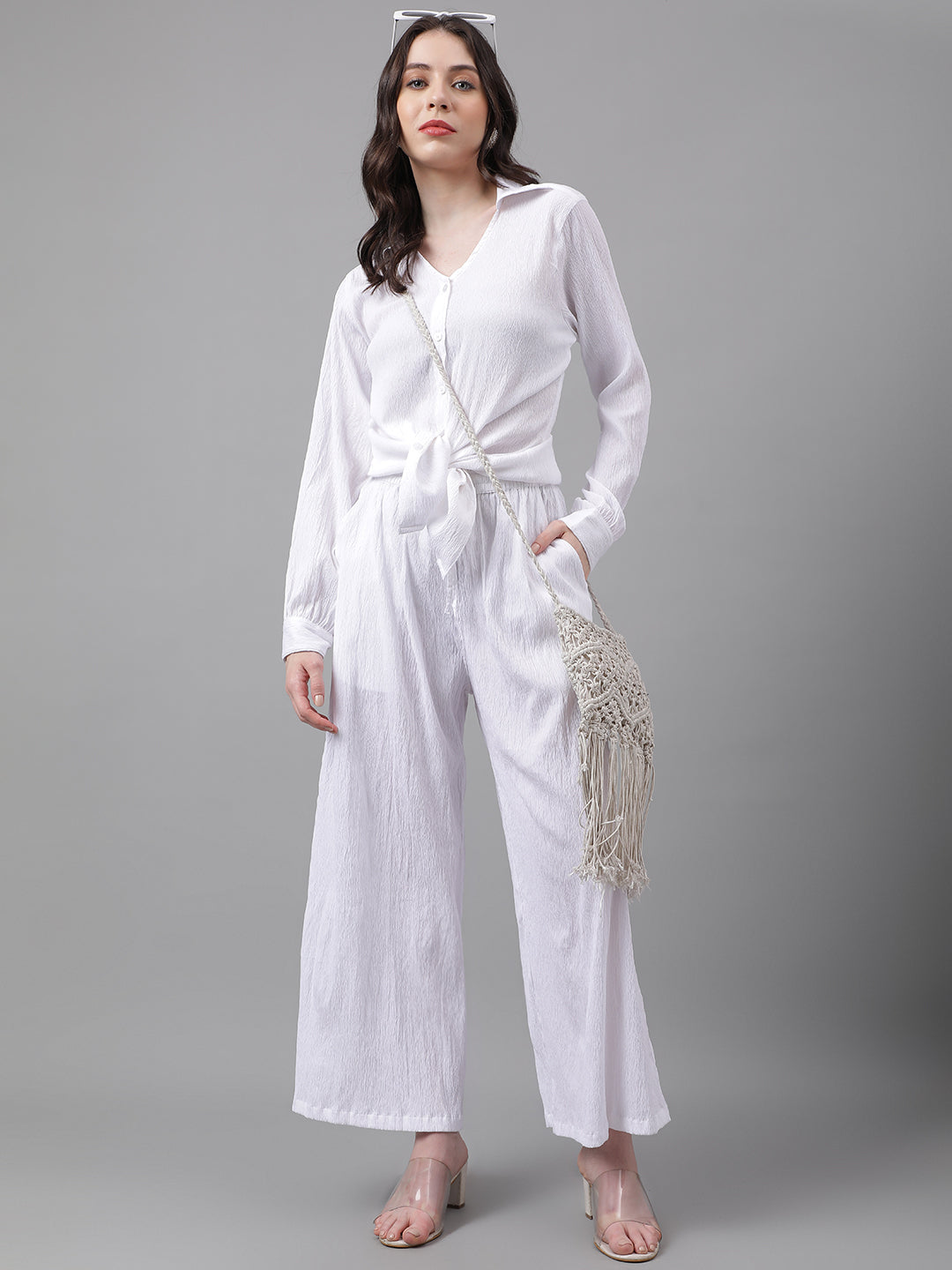 Trymisfit White Co-ord Set for Women – Button-Down Shirt & Wide-Leg Palazzos | Casual Brunch & Summer Wear