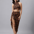Brown Floral Halter Crop Top & Slit Skirt Co-ord Set – Two-Piece Vacation Outfit for Women