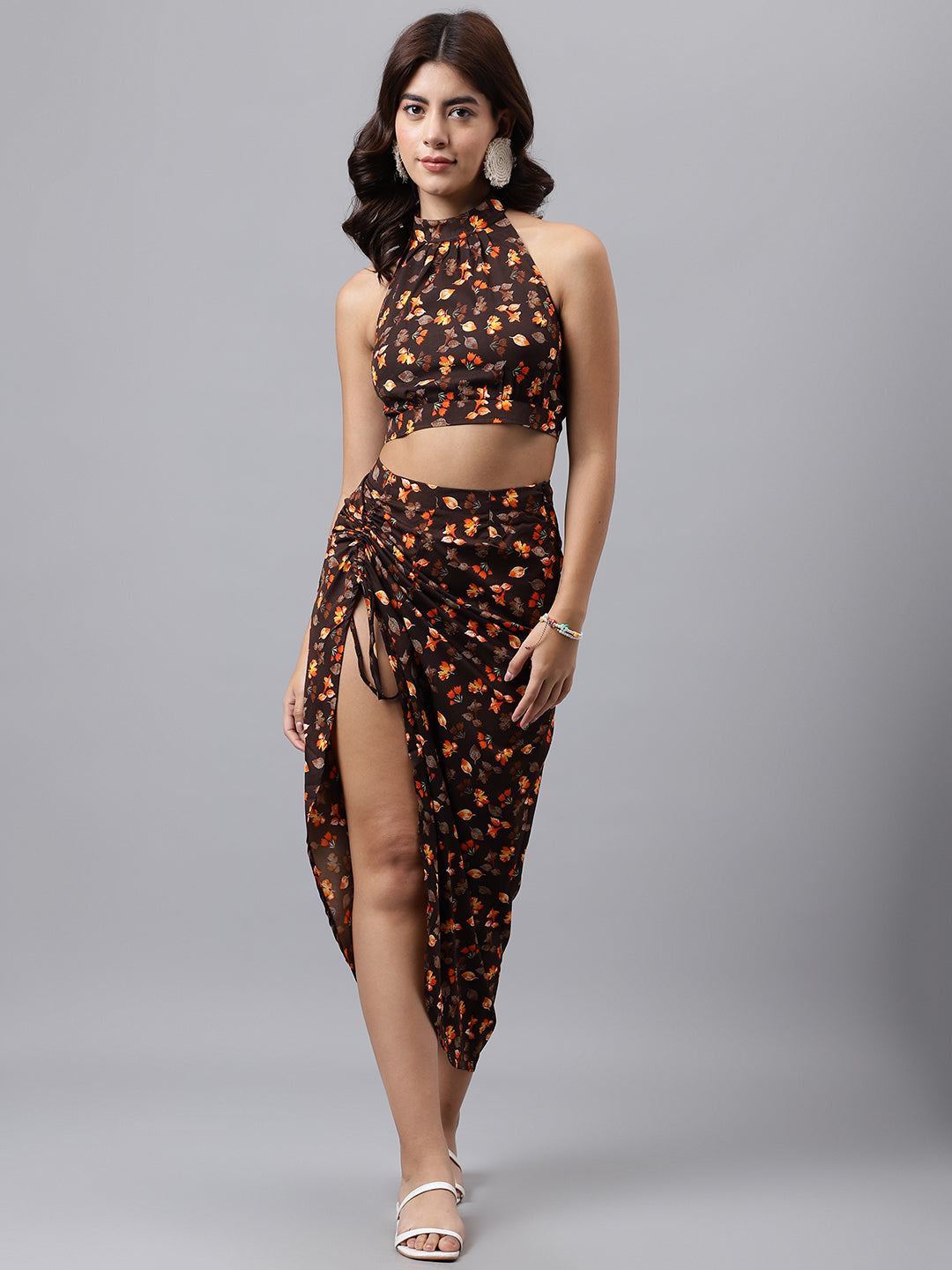 Brown Floral Halter Crop Top & Slit Skirt Co-ord Set – Two-Piece Vacation Outfit for Women