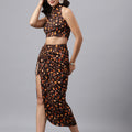 Brown Floral Halter Crop Top & Slit Skirt Co-ord Set – Two-Piece Vacation Outfit for Women
