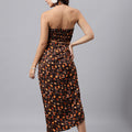 Brown Floral Halter Crop Top & Slit Skirt Co-ord Set – Two-Piece Vacation Outfit for Women