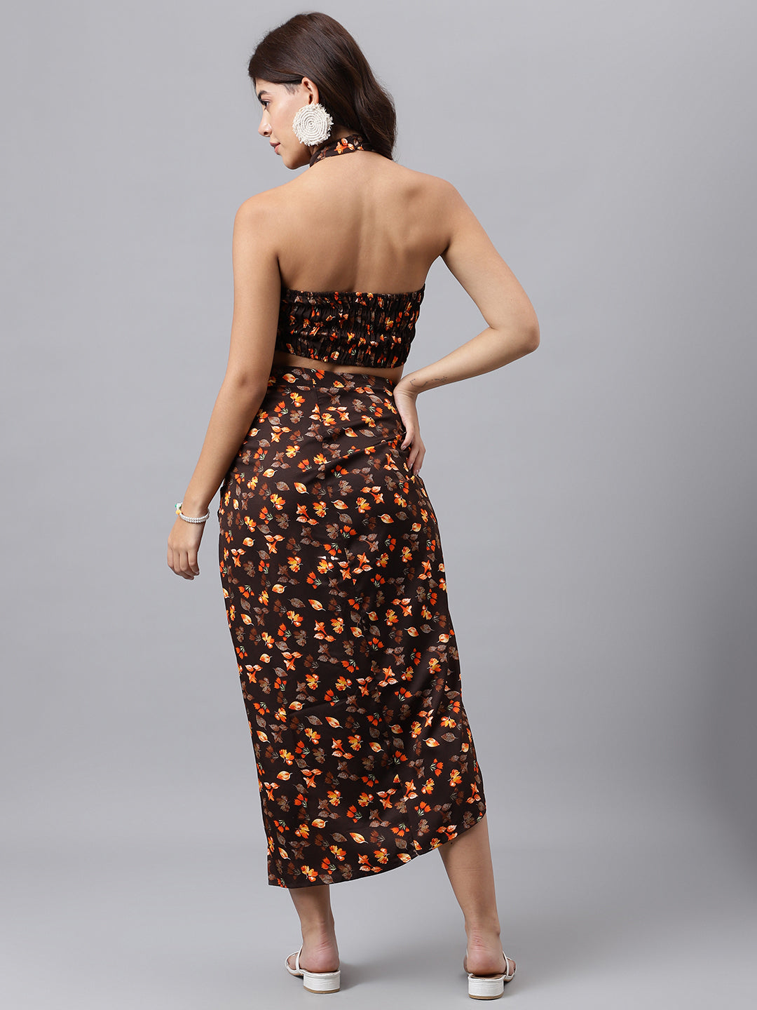 Brown Floral Halter Crop Top & Slit Skirt Co-ord Set – Two-Piece Vacation Outfit for Women